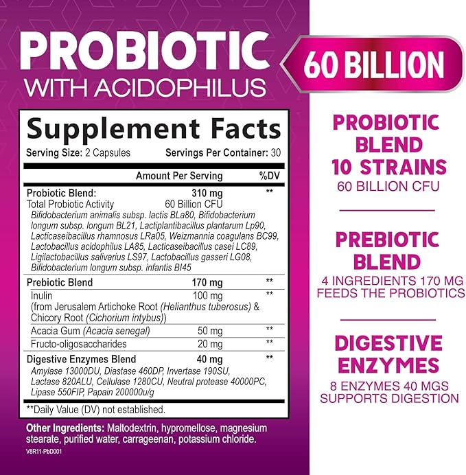 Probiotics 60 Billion CFU per Serving - 10 Strains + Prebiotics - Immune, Digestive & Gut Health Support, Supports Occasional Constipation, Gas & Bloating for Women & Men, Shelf Stable - 60 Capsules