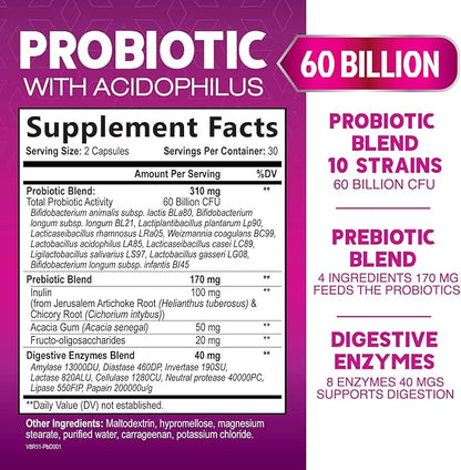 Probiotics 60 Billion CFU per Serving - 10 Strains + Prebiotics - Immune, Digestive & Gut Health Support, Supports Occasional Constipation, Gas & Bloating for Women & Men, Shelf Stable - 60 Capsules