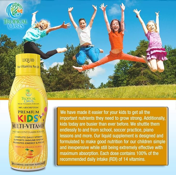 Premium Liquid Multivitamin For Kids | Sugar Free Kids Vitamins | 100% DV of 14 Vitamins for Kids | Multivitamin for Children Ages 4+ | Great Tasting, Non-GMO, Max 98% Absorption Rate- 16 oz, 32 Serv