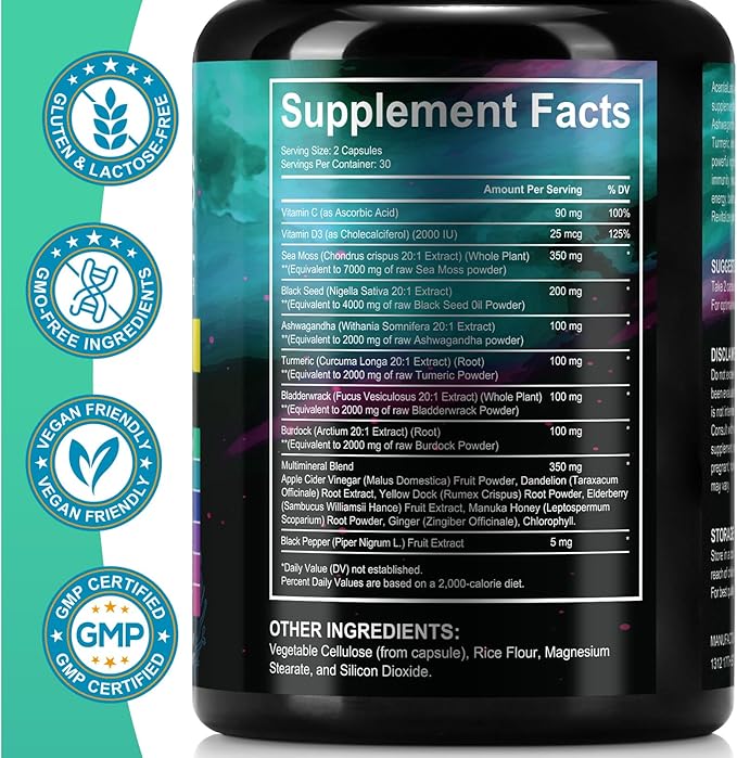 Sea Moss Black Seed Oil Ashwagandha Ginger, Sea Moss Capsule Supplement with Turmeric Burdock Root Bladderwrack Vitamin C Vitamin D3 Enhanced Immunity & Energy Sea Moss Black Seed Oil Capsule 60 Count