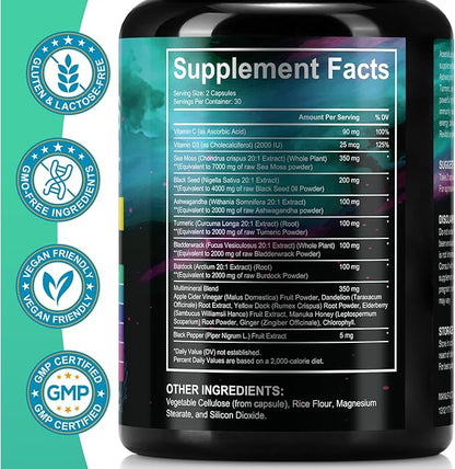 Sea Moss Black Seed Oil Ashwagandha Ginger, Sea Moss Capsule Supplement with Turmeric Burdock Root Bladderwrack Vitamin C Vitamin D3 Enhanced Immunity & Energy Sea Moss Black Seed Oil Capsule 60 Count