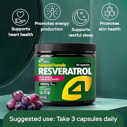 Resveratrol Supplement 1800mg Complex - COQ10, Quercetin, Vitamin E, Vitamin C - Powerful Antioxidant Formula for Enhanced Energy, Heart Health & Healthy-Aging Support Trans Resveratrol 90 Capsules