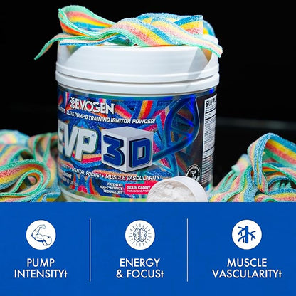 Evogen EVP 3D - Stim Free Pre Workout Powder for Men & Women | Sugar Free Non Stim Preworkout with Beta Alanine and Creatine for Energy & Pump | Sour Candy | 40 Servings