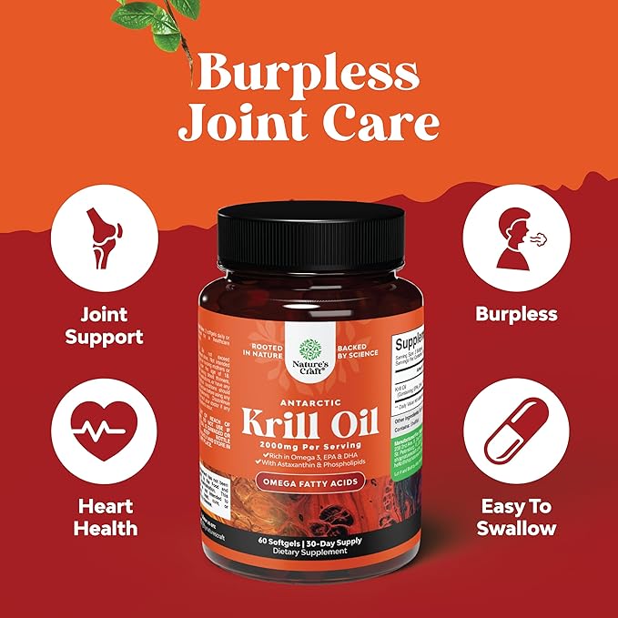 Antarctic Krill Oil 2000mg Softgels Per Serving - Omega 3 Krill Oil Supplement with EPA DHA & Astaxanthin for Brain Joint & Heart (60 Count (Pack of 1))