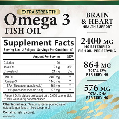 Omega 3 Fish Oil Triple Strength 1200 mg Softgels, Omega-3 Supplements, Natural Brain Heart Health & Immune Support - Fatty Acids with EPA & DHA - Wild Caught Fish Oil Supplement - 120 Softgels