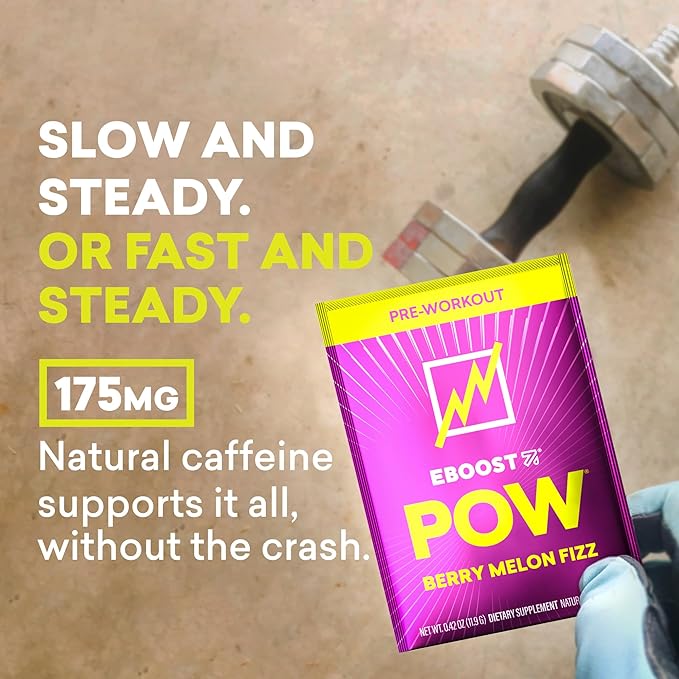 EBOOST POW Natural Pre Workout Powder - 15 Packets, Berry Melon Fizz - Preworkout Energy Booster Gym Supplement Drink Mix for Men and Women - Performance, Joint Mobility Support - Gluten-Free