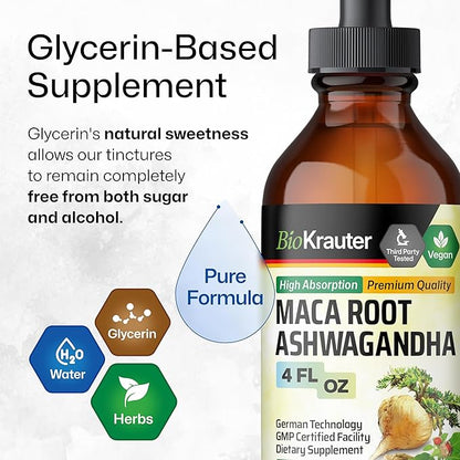 BIO KRAUTER Maca Root and Ashwagandha Tincture - Maca & Ashwagandha Supplements for Men & Women - Adaptogenic Liquid Supplement for Mood Support - Alcohol and Sugar Free Vegan Drops 4 Fl.Oz.