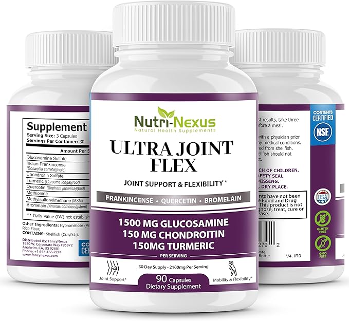 Joint Support Supplement with Glucosamine Chondroitin MSM Turmeric Boswellia - for Men and Women - Promotes Mobility, Flexibility, and Comfort - Made in USA - 90 Capsules