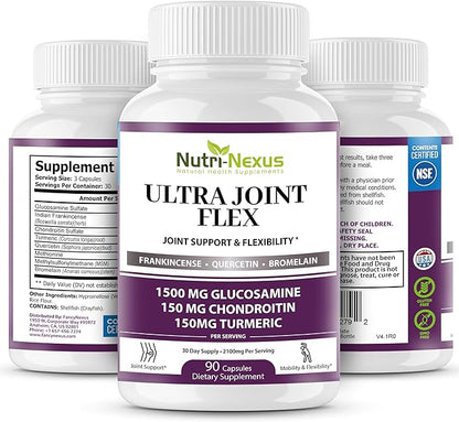 Joint Support Supplement with Glucosamine Chondroitin MSM Turmeric Boswellia - for Men and Women - Promotes Mobility, Flexibility, and Comfort - Made in USA - 90 Capsules