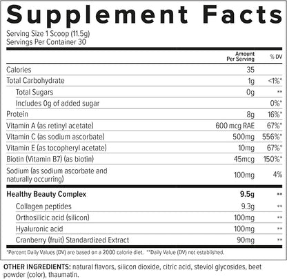 Collagen Skin - Hydrolyzed Collagen Peptides, with Hyaluronic Acid, Silicon & Biotin - Hair, Skin & Nails - Cranberry - 12.1 oz (30 Servings)