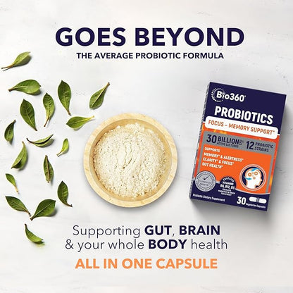 Brain Supplements for Memory and Focus - Supports Brain Health, Mental Clarity & Alertness - Capsules with B5, B6 & B12-30 Billion CFU for Immunity, Digestion & Gut Health - 30 Count