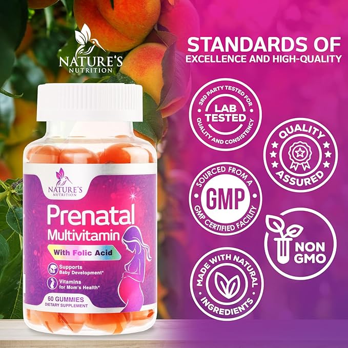 Prenatal Gummy with Folic Acid, Prenatal Vitamins and Minerals for Fetal Support, Vitamin A, C, D3, B12, B6 & Folate, Prenatal Multivitamin for Pregnant & Nursing Women - 60 Gummies, 30 Day Supply