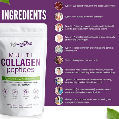 Multi Collagen Peptides Powder | Type I,II,III,V,X with Hyaluronic Acid, Biotin, Vitamin C, Vitamin D3 & OptiMSM - Unflavored