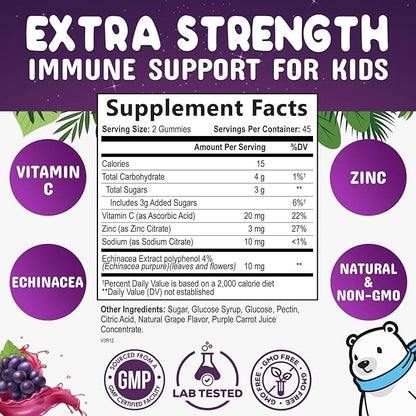 Kids Immune Support Gummy - Vitamin C, Zinc & Echinacea, Berry Flavor Children's Daily Immune Health Support Gummies for Ages 4 and Up, Nature's Vitamins for Kids, Vegan & Non-GMO - 90 Gummies