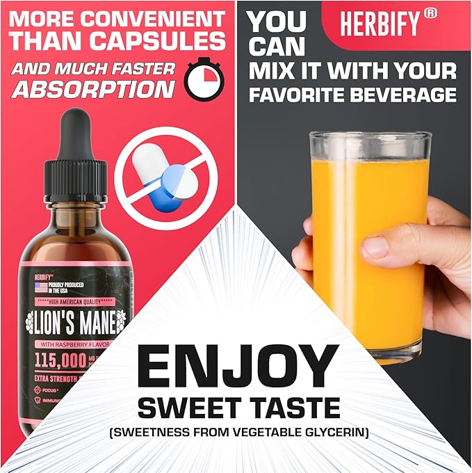 Lions Mane Supplement - Daily Mushroom Supplement for Memory, Focus & Clarity - Brain Booster - Lions Mane Tincture for Natural Immune Support - 4 Fl Oz Raspberry Flavor