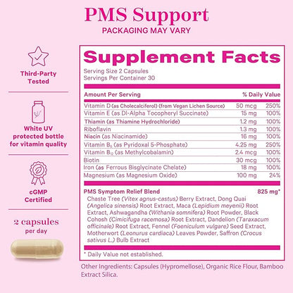 Pink Stork PMS Supplement for Women - Vitex, Ashwagandha, Maca Root & 10 Vitamins & Minerals to Support Hormone Balance, Mood, Bloating, Period Regularity - 60 Capsules