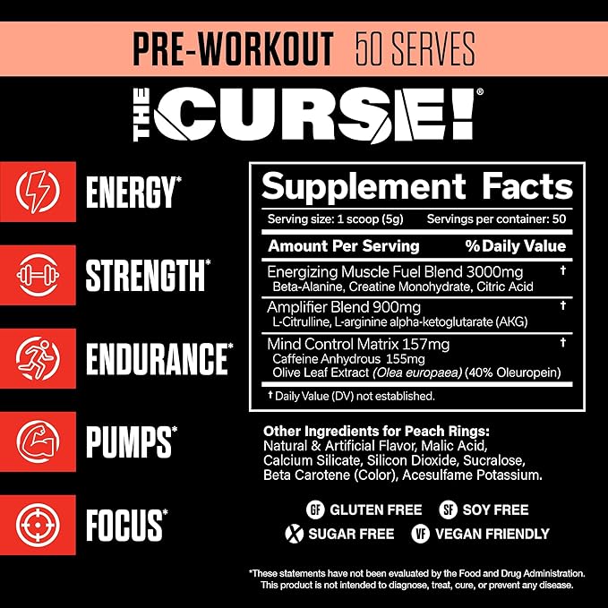 JNX SPORTS The Curse! Pre Workout Powder for Men & Women, Caffeine, Beta-Alanine, Creatine, L-Citrulline, 50 Servings, Peach Rings Flavor – Boost Energy, Strength & Focus