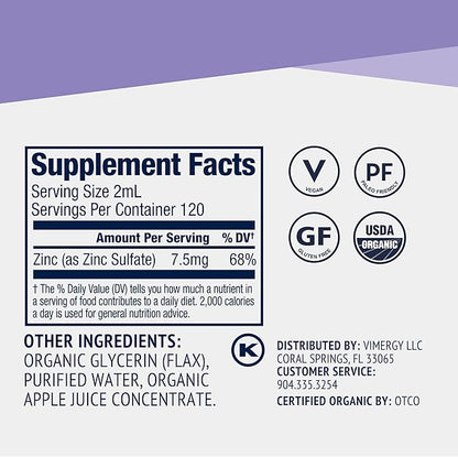Vimergy Organic Zinc Supplements For Women & Men (7.5mg Liquid Zinc Per Serving) Fast-Absorbing Immune Support, Promotes Healthy Bones & Skin, USDA Certified Organic, Vegan, Up to 120 Servings (240mL)