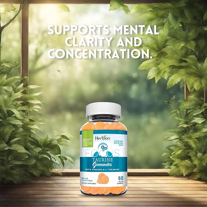 HERBION Naturals Taurine Gummies with Ginseng, L-Theanine, Vitamin C, B3, B6, & B12, Support Mental Clarity & Concentration*, Natural Peach Flavor, Gluten-Free, USA Made, 60 Gummies