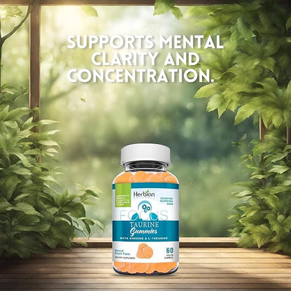HERBION Naturals Taurine Gummies with Ginseng, L-Theanine, Vitamin C, B3, B6, & B12, Support Mental Clarity & Concentration*, Natural Peach Flavor, Gluten-Free, USA Made, 60 Gummies