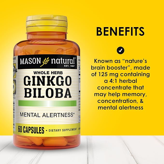 Mason Natural Ginkgo Biloba, 1 Month Supply, Helps to Improve Mental Alertness & Support Optimal Brain Function, 60 Capsules