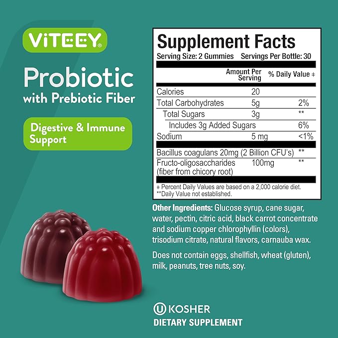 Viteey Probiotic Gummies with Prebiotics – Gut Health Supplements for Digestive Health – 2 Billion CFUs – Vegan, Gluten-Free – 60 Count