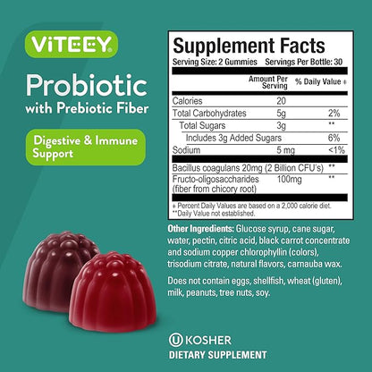 Viteey Probiotic Gummies with Prebiotics – Gut Health Supplements for Digestive Health – 2 Billion CFUs – Vegan, Gluten-Free – 60 Count