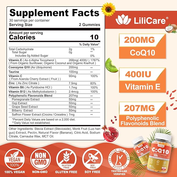 Sugar-Free CoQ10 200mg Gummies - Coenzyme Q10 w/Taurine, Vitamin E, C, B6, B12, Zinc - High Absorption CoQ10 Supplement for Antioxidant, Cellular Energy & Hear-t Health, Vegan 120 C