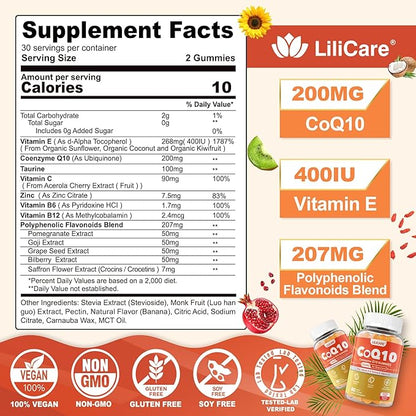 Sugar-Free CoQ10 200mg Gummies - Coenzyme Q10 w/Taurine, Vitamin E, C, B6, B12, Zinc - High Absorption CoQ10 Supplement for Antioxidant, Cellular Energy & Hear-t Health, Vegan 120 C