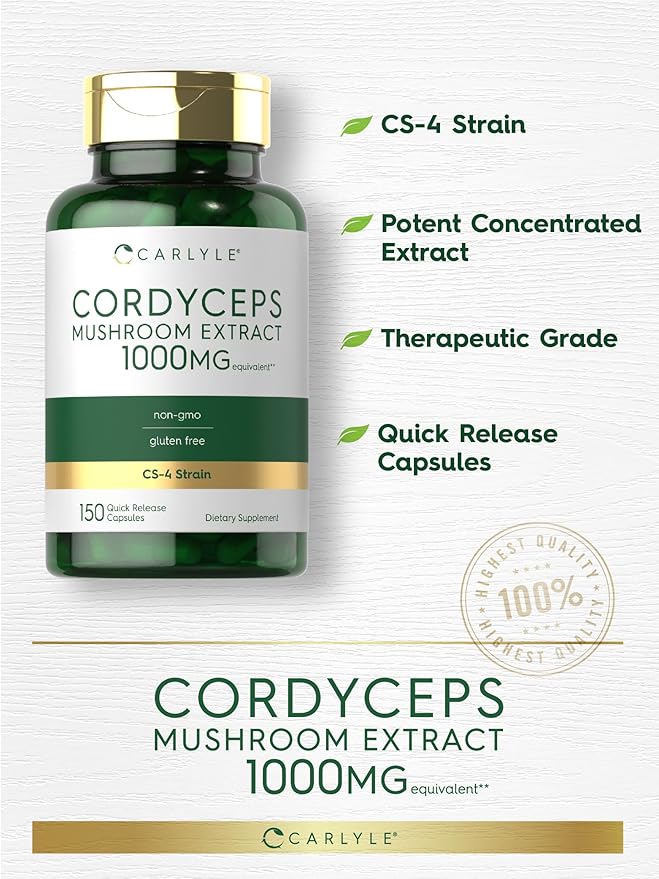Carlyle Cordyceps Mushroom Capsules 1000mg | 150 Count | CS-4 Strain Mushroom Extract | Non-GMO and Gluten Free