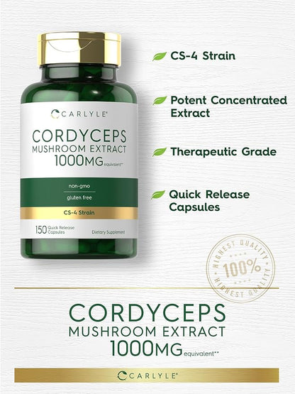 Carlyle Cordyceps Mushroom Capsules 1000mg | 150 Count | CS-4 Strain Mushroom Extract | Non-GMO and Gluten Free
