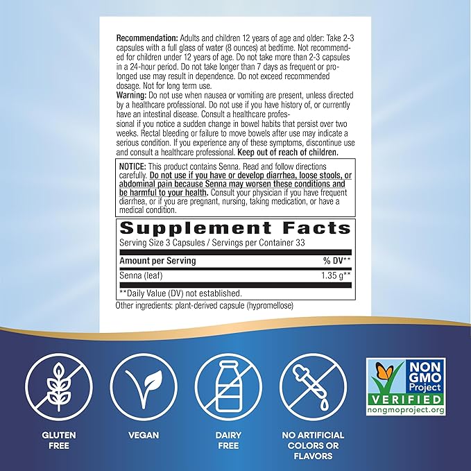 Nature's Way Senna Leaves, Relieves Occasional Constipation*, 1,350 mg per 3-Capsule Serving, Non-GMO Project Verified, 100 Capsules (Packaging May Vary)