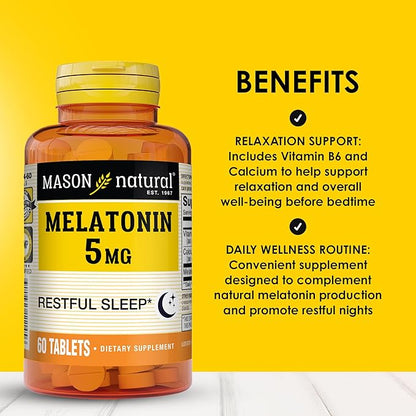MASON NATURAL Melatonin 5 mg with B6 & Calcium, Natural Sleep Aid, Supports Restful Sleep, 60 Tablets, Pack of 3