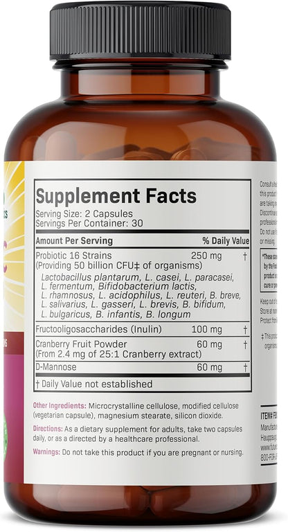 Futurebiotics Women's Probiotic 50 Billion CFU + Prebiotic with Cranberry & D-Mannose – Digestion Immune and Urinary Tract Support, Non-GMO, 60 Vegetarian Capsules