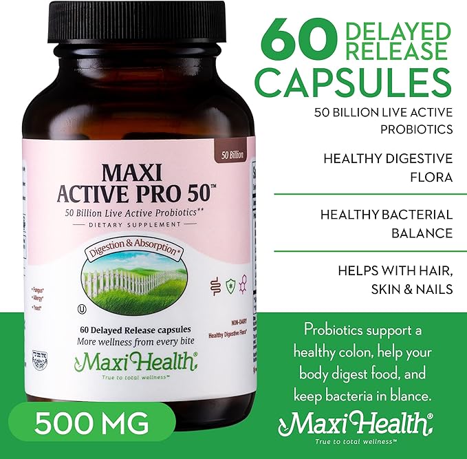 Maxi Health Probiotic Plus Ultimate Prebiotic Advanced Live Probiotics Formula - 50 Billion Live Active Probiotic - 15 Strains - Ultra Protection - Active Pro-50-60 Count