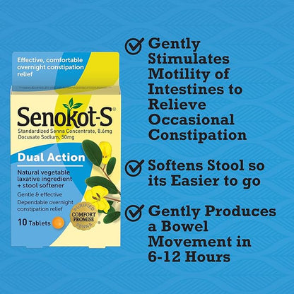 Senokot-S Dual Action Natural Vegetable Laxative Ingredient Plus Stool Softener Tablets, Docusate Sodium, Senna Concentrate, Gentle, Overnight Relief From Occasional Constipation, 10 ct