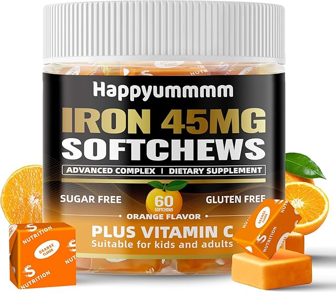 Iron Soft Chews Supplement with Vitamin C | Orange Flavored | Gluten Free | Iron Supplement for Women Men and Kids | 60 Count | 2 Month Supply