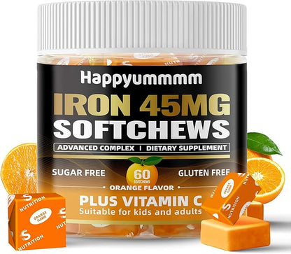 Iron Soft Chews Supplement with Vitamin C | Orange Flavored | Gluten Free | Iron Supplement for Women Men and Kids | 60 Count | 2 Month Supply