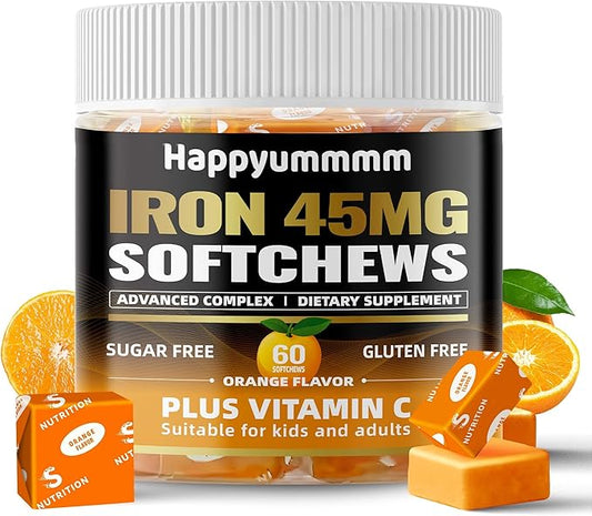 Iron Soft Chews Supplement with Vitamin C | Orange Flavored | Gluten Free | Iron Supplement for Women Men and Kids | 60 Count | 2 Month Supply