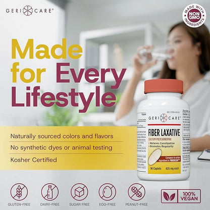 GeriCare Fiber Laxative - 625mg Calcium Polycarbophil Fiber Supplement for Women and Men - Gentle Effective OTC Relief for Constipation and Hemorrhoids - Insoluble Fiber Caplets (90 Count)