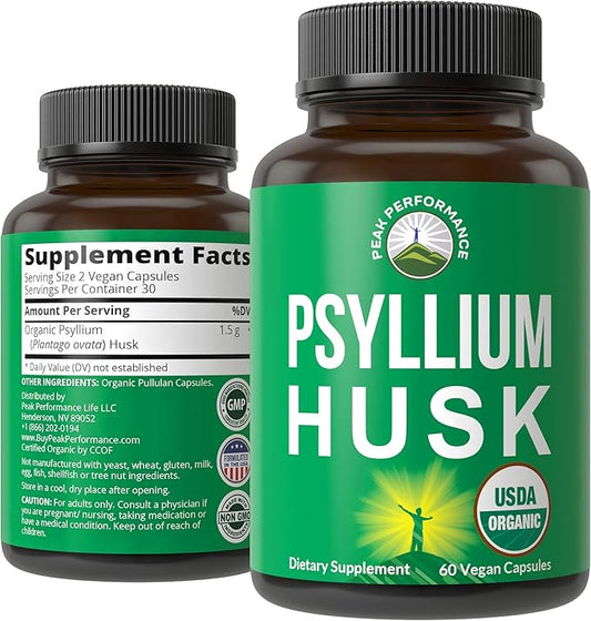 USDA Organic Psyllium Husk Vegan Capsules Made with Organic Psyllium Husk Seed. Fiber Supplement for Gut. Digestive Prebiotics. Pills for Digestion, Roughage Without Bloating. Tablets