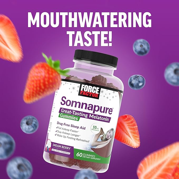FORCE FACTOR Somnapure Gummies with Melatonin 10 mg for Adults, Non-Habit-Forming, Natural Sleep Aid for Deep Sleep, Stay Asleep Longer, Wake Up Refreshed, Dream Berry Flavor, 60 Count (Pack of 1)