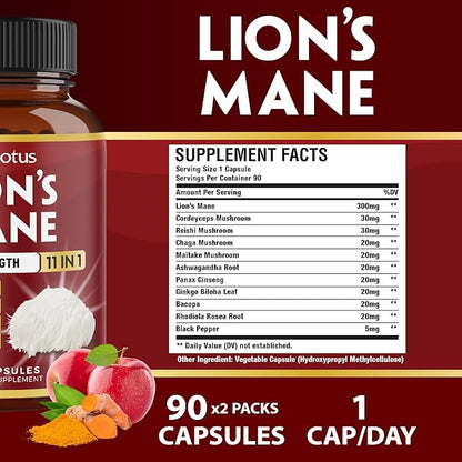 Zolotus 2 Packs 90 Capsules Lions Mane Mushroom Supplement, 6 Month Supply with Cordeyceps, Reishi, Ashwagandha, Focus, Memory and Brain Support Supplement, Immune Support, Energy Pills