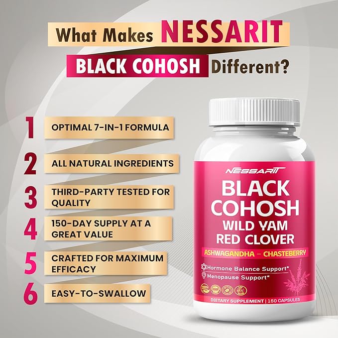 Black Cohosh with Wild Yam Red Clover Evening Primrose Ashwagandha - Hormone Balance Support - 150 Count - Made & Tested in The USA