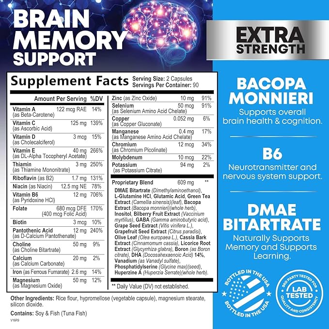 Brain Supplements for Memory and Focus - 40 Nootropics & Vitamins to Support Mental Alertness, Clarity & Concentration, Brain Health Cognitive Memory Pills, B6, B12, Phosphatidylserine - 180 Capsules