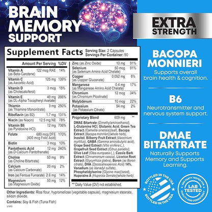 Brain Supplements for Memory and Focus - 40 Nootropics & Vitamins to Support Mental Alertness, Clarity & Concentration, Brain Health Cognitive Memory Pills, B6, B12, Phosphatidylserine - 180 Capsules