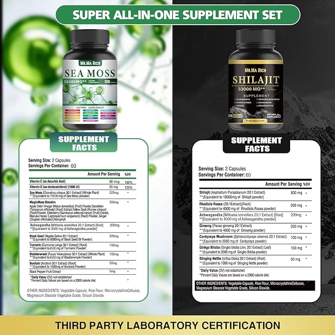 Sea Moss and Shilajit Capsule Bundle, Ashwagandha Rhodiola Rosea Ginseng Cordyceps Mushroom Ginkgo Biloba Stinging Nettle Magic Moss Blendim Black Seed Turmeric Bladderwrack Burdock Black Pepper