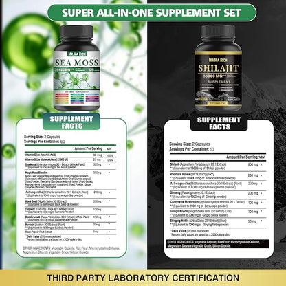 Sea Moss and Shilajit Capsule Bundle, Ashwagandha Rhodiola Rosea Ginseng Cordyceps Mushroom Ginkgo Biloba Stinging Nettle Magic Moss Blendim Black Seed Turmeric Bladderwrack Burdock Black Pepper