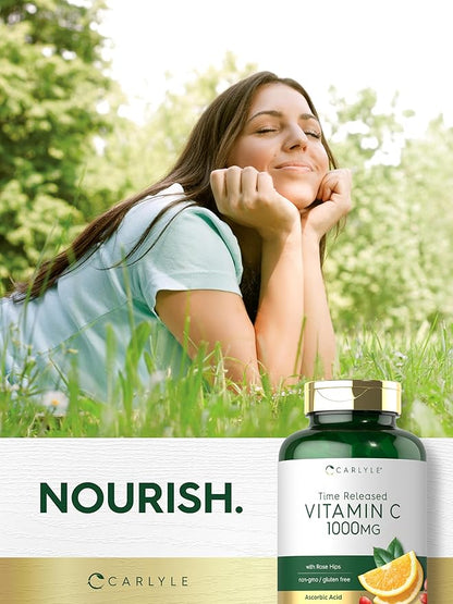 Carlyle Vitamin C 1000mg | 120 Caplets | with Rose HIPS | Supplement for Women and Men | as Ascorbic Acid | Time Release | Vegetarian, Non-GMO, and Gluten Free