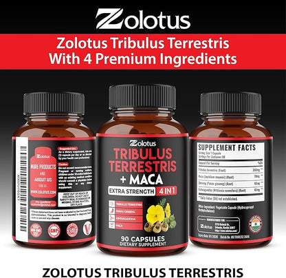 Zolotus Premium Tribulus Terrestris Capsules - Combined with Ashwagandha, Panax Ginseng & Maca - 90 Counts for 3 Months